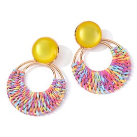 Boho Rattan Dangle Earrings for Women Trendy - Geometric Straw Raffia Earrings for Summer Beach Vacation (COLORFUL)