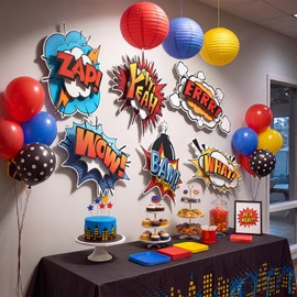 6 Pcs Hero Party Decor 3D Multilayer Comic Action Cutouts, Large