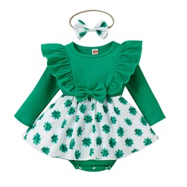 Infant Baby Girls Bodysuit Dress St. Patrick's Day Outfits Long Sleeve Four-Leaf Clover Print Dress and Headband (Green, 18-24 Months)
