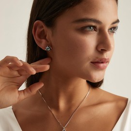 YAMI Black Pearl Stud Earrings for Women - 8mm Saltwater Cultured Pearls with 925 Sterling Silver & Cubic Zirconia Diamonds - Hypoallergenic Silver Studs, Jewelry Gift for Her, Snowflake/Star/Flower