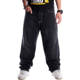 Ylingjun Mens Baggy Hip Hop Jeans Casual Loose Fit Embroidered Skateboard Denim Pants (40, Black 024)