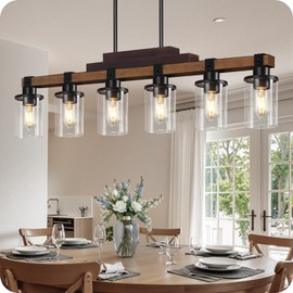 GOEBLESON 6-Light Kitchen Island Lighting, Dining Table Light Fixture Over, Farmhouse Ceiling Pendant Light Fixtures with Round Glass Shade,E26 Base (Bulb Not Included),Height Adjustable F02DT05