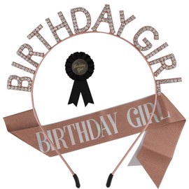 Birthday Sash for Women Rose Gold Birthday Tiara and Crown for Women Girls Headband Birthday Button Black Pins Birthday Girl Princess Decoration Supplies Favor Gift Set