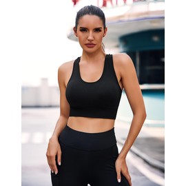 Litherday Women's Sports Bra High Impact Padded Seamless Sports Bras Removable Leisure Stretch Crop Tops Vest for Yoga Running Gym Black + White M