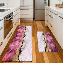 Pink Gold Marble Kitchen Mat and Rugs 2 Pieces Anti Fatigue Cushioned Kitchen Floor Mat Pink Kitchen Accessories Non-Slip Kitchen Rugs Sets for Home Office Laundry (Pink Gold, 17x29.5+17x47.2)