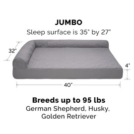 Furhaven Orthopedic Dog Bed for Large Dogs w/ Removable Bolsters & Washable Cover, For Dogs Up to 95 lbs - Pinsonic Quilted Paw L Shaped Chaise - Titanium, Jumbo/XL