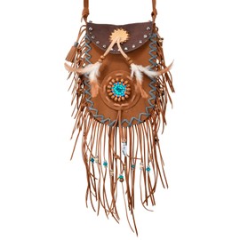 shoperama Women's Shoulder Bag with Fringe Feathers Beads Indian Hippie Cowgirl Festival Ethnic Costume Accessories, brown