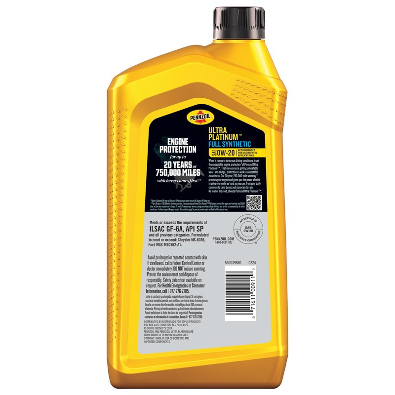 Pennzoil Ultra Platinum Full Synthetic 0W-20 Motor Oil, 1 Quart