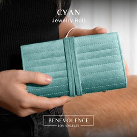 Benevolence LA Foldable Travel Jewelry Organizer | Velvet Jewelry Roll | Necklaces, Rings, Bracelets Travel Case | Gifts for Women, Travel Essentials - Cyan
