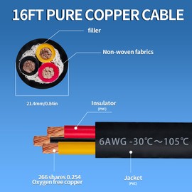 6 AWG 3 Wire Cable 6/3 Extension Cord 16FT 600V 6 Gauge 3 Conductor Wire for Motor Leads, Portable Lights, Battery Chargers, Machinery, Large Speakers, Etc (6AWG-3C, 16FT)