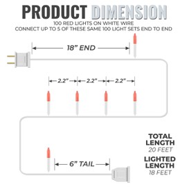 612 Vermont 100 Red Christmas Lights on a White Wire String, UL Approved, Indoor and Outdoor Use, 18’ of Lighted Length, 20’ of Total Length