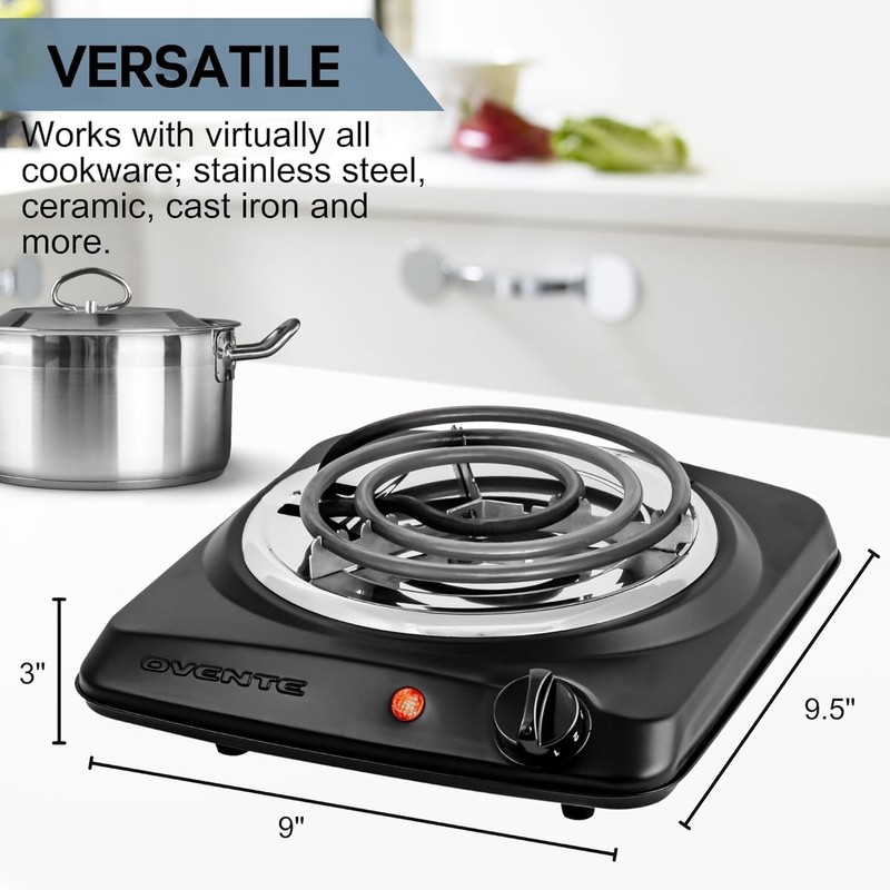 OVENTE Electric Countertop Single Burner, 1000W Cooktop with 6" Stainless