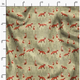 Soimoi Beige Velvet Fabric Cedar Tree & Fox Animal Fabric Prints by Yard 58 Inch Wide