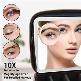 SLUMAZI Travel Makeup Bag with LED Mirror and 10x magnifying glass with 3 Lighted Settings, Adjustable Dividers and Makeup Brush Storage Bag Brown