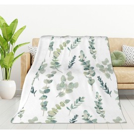 HGOD DESIGNS Watercolor Throw Blanket Eucalyptus Branches Flannel Fleece Blanket Plant Lightweight Throw for Bed Sofa Travel Teen Birthday Gifts 100x130cm