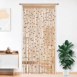 BECHAEO Macrame Beaded Curtain Boho Handmade Cotton Door String Curtain for Doorway Window Wooden Beads Hanging Hippie Room Divider Closet Bedroom Privacy Decor, 2 Panels 79" x 35"