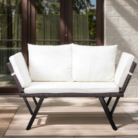 Extendable terrace, courtyard bench, rattan double sofa with beige cushions