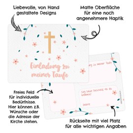 Papierdrachen 12 Christening Invitation Cards – Cross and Flowers – Invitation to Holy Christening for Girls and Boys – High Quality Printed in DIN A6