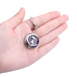 Gem-Inside 2 inches Cat Animal Theme Natural Amethyst Quartz Chakra Stone Keychains Key Chains Rings for Girls Crafts Jewelry