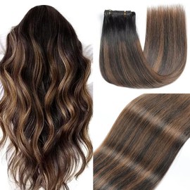 GUDOZO Clip-In Real Hair Extensions, 7 Pieces, 45 cm, 120 g, Natural Black with Chestnut Brown, Invisible Clip Extensions, Real Hair Extensions (18 Inches, 1B/1B/6#)
