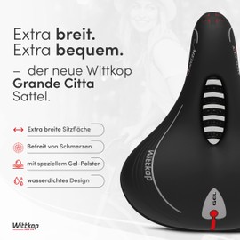 WITTKOP Bicycle saddle with comfortable 3-zone concept and extra gel padding, comfortable bicycle saddle for men and women, Büchel Grande Medicus, bike seat with clamp, black