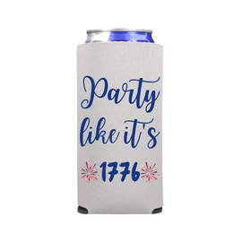 Funny Patriotic Slim Can Coolers - Party Like It's 1776 Spiked Seltzer Coolies - 4th of July, Memorial Day, Summer Coolies - USA Party Gift (White)