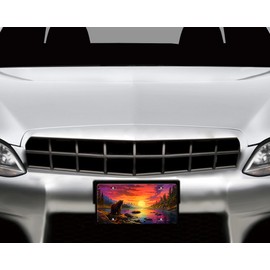 Hunting Wildlife Vanity Decorative Aluminum Front License Plate, Car Accessory, Vanity Tag (Bear at Sunset River)