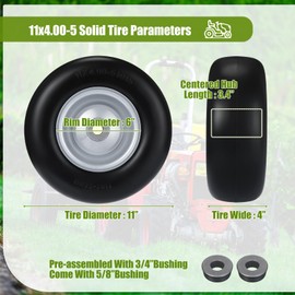 2 Pcs 11x4.00-5 Flat Free Solid Smooth Tread Tire on Wheel, 3.4-4''-4.5''-5 Centered Hub and 3/4 or 5/8 Bushing, Lawn Mower Tires for Zero Turn for Lawn, Garden Turf