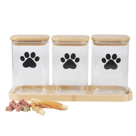 Brabtod 37oz Glass Dog Ttreat Jars Set of 3,Clear Dog Treat Container with Bamboo Lids,Airtight Cat Treat Jar,Small Pet Treat Canister,Puppy Food Bin-Keep Fresh Crispy