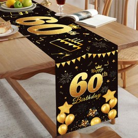 Happy 60th Birthday Table Runner Black Gold 60th Birthday Table Runner for Men Women 60 Years Old Birthday Anniversary Celebration Party Non-Slip Dining Table Linen Cloth Decorations, 180x35cm Long