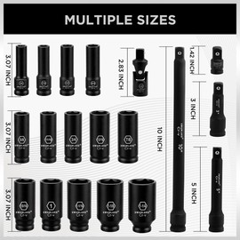 SWANLAKE 1/2" Impact Socket Set, 19-Piece 6 Point Impact Set,SAE (3/8-Inch to 1-1/14") Standard Impact Socket Set, Cr-V, Deep Socket Set 1/2 Drive