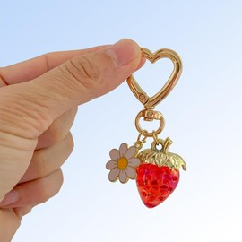 Qiansail Strawberry Keychain Strawberry Heart Bag Charm Cute Flower Purse Charm Key Chain Accessories for Women (Red-Bee)