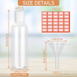 Travel Bottle for Toiletries, 6PCS 100ml Plastic Bottles Empty Refillable Transparent Travel Bottles with Funnels and Labels for School Travel or Cosmetic