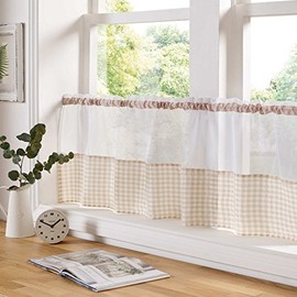 Gingham Trim Voile Café Curtain Panel, Traditional Checked Design, Sheer Kitchen Voile Curtains, Net Curtains (59" x 24", Beige)