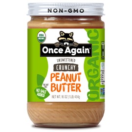 Once Again Organic Crunchy Peanut Butter No Sugar Added - Single Ingredient, Unsalted, Natural Peanut Butter No Palm Oil - Glass Jar, Non-GMO, Gluten Free - Chunky, Unsweetened - 1 Jar (16 oz)