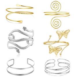 JUSJUBR 6Pcs Arm Cuff Bracelet for Girls Women, Gold and Silver Cuff Bracelets, Adjustable Upper Arm Bracelet set, Minimalist Style Bangle Open Armlets Fashion Wrist for Date Party Daily Travel Gift