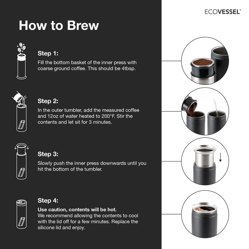 EcoVessel - Prensa francesa portátil, cafetera de viaje, aislada, acero