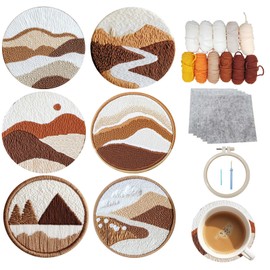 57lilina 6pcs Footprint Punch Needle Coaster Kit for Kids Beginners Adults, Complete Punch Needle Stitching Embroidery Art Coasters Kit for Kids Adult Beginner Punch Needling Coaster