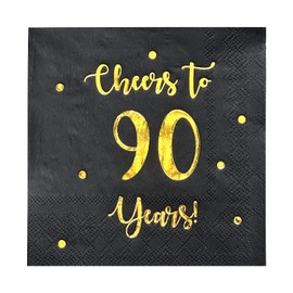 Servilletas de cóctel Cheers to 90 Years | Decoraciones de feliz cumpleaños 90 para hombres y mujeres y decoraciones de fiesta de aniversario de boda, paquete de 50 servilletas de 3 capas, plegadas de 5 x 5 pulgadas (negro)