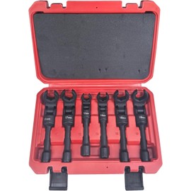 TradeINArt 6 Piece Long Curved Head Line Wrench Set, 3/8 Inch Drive Syringe Fuel Line Fishtail Trumpet Socket Wrench Metric 12/14/16/17/18/19 mm