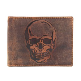 Jockey Club Genuine Leather Biker Wallet Horizontal Hunter Leather Wallet Skull with RFID Protection, brown, coin purse