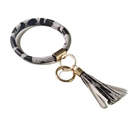 Lantintop Wristlet Keychain Bracelet Bangle Keyring Leather Round Tassel Keychain for Women Girl, Upgraded Grey Leopard, Large