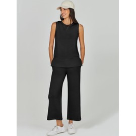 ANRABESS Women's 2 Piece Sets Summer Outfits Sleeveless Wide Leg Tracksuits Casual Sweat Sets Lounge Sweatsuits Black XX-Large