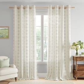 ugoutry Boho Linen Curtains for Bedroom Living Room Sage Green Farmhouse Boho Curtains 96 Inches Long Geometric Striped Patterned Mudcloth Grommet Top Western Window Drapes 2 Panels Green on Beige