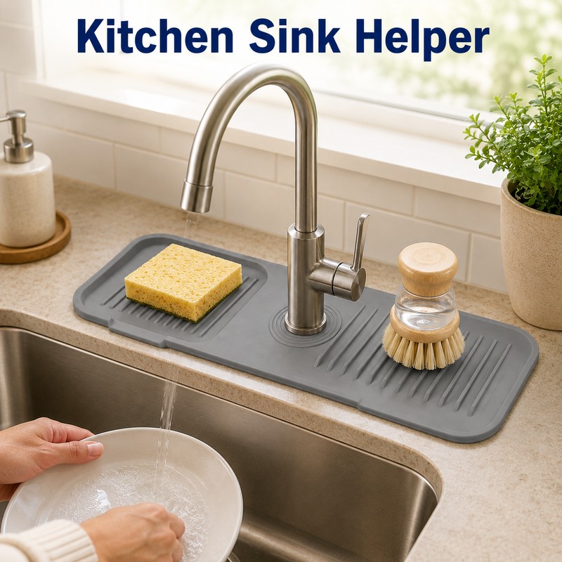 Silicone Faucet Splash Guard for Sink - Self-Draining Countertop Mat