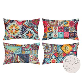 Velvhom Outdoor Cushion Covers Waterproof Bohemian Mandala Throw Pillow Covers Cotton Linen Decorative Oblong Pillowcases for Garden Patio Bench Living Room Sofa 30 x 50cm,12 x 20 inch, 4 Pack
