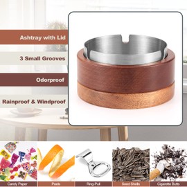 Ashtray with Lid, Wooden Ashtray for Outdoor Indoor, Windproof, Odour-Proof Ashtray with Stainless Steel Insert, Desktop Ashtray, Garden Bar for Home, Office, Balcony, Parties