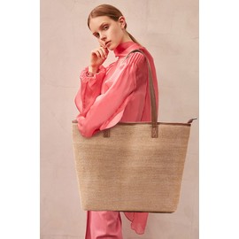 KALIDI Straw Tote Beach Bag Striped Shoulder Handbag Stitch Woven PU Leather Handle Zipper Closure Inner Pocket Travel Shopping Picnic