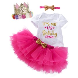Baby 1/2 birthday outfit girl half year birthday Outfit 1/2 birthday shirt with crown (Rose Red 1/2 Birthday,3-6 Months)