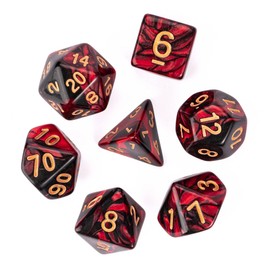 KSNDie 7-Die Polyhedral DND Dice Set Red Mix Black D&D Dice with Leather Pouch for Dungeon and Dragons Role Playing Games, d and d Dice
